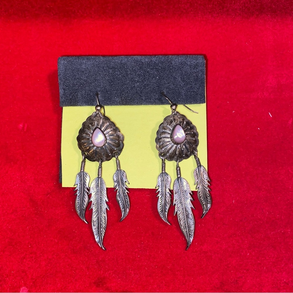 Feather Pierced Fish Hook Dangle Earrings - image 1